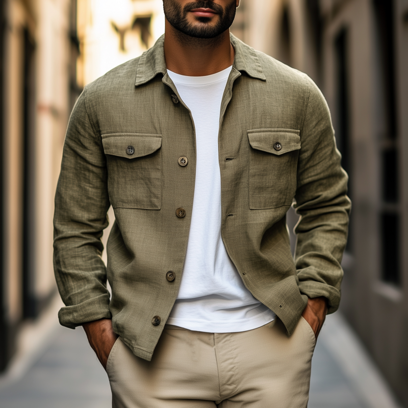 Men's Casual Solid Color Cotton Linen Blend Lapel Flap Chest Pocket Loose Shirt Jacket MTA0656H5M