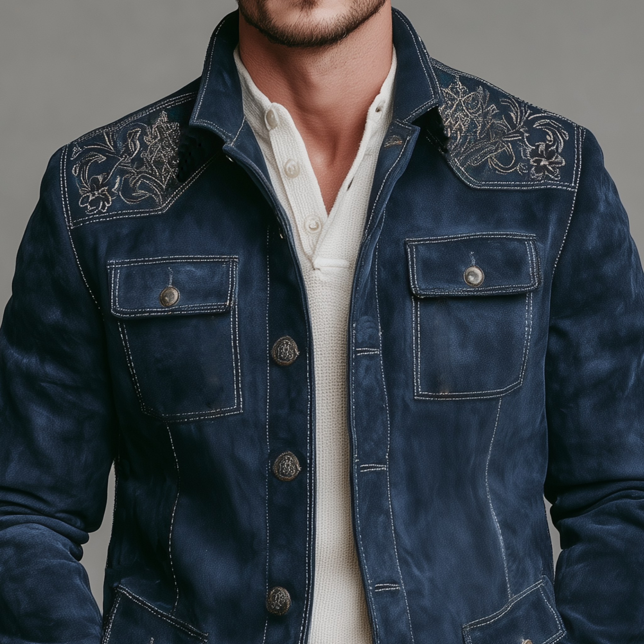 Men's Classic Retro Western Style Embroidered Stand Collar Faux Suede Multi-Pocket Jacket MTA2401K4K