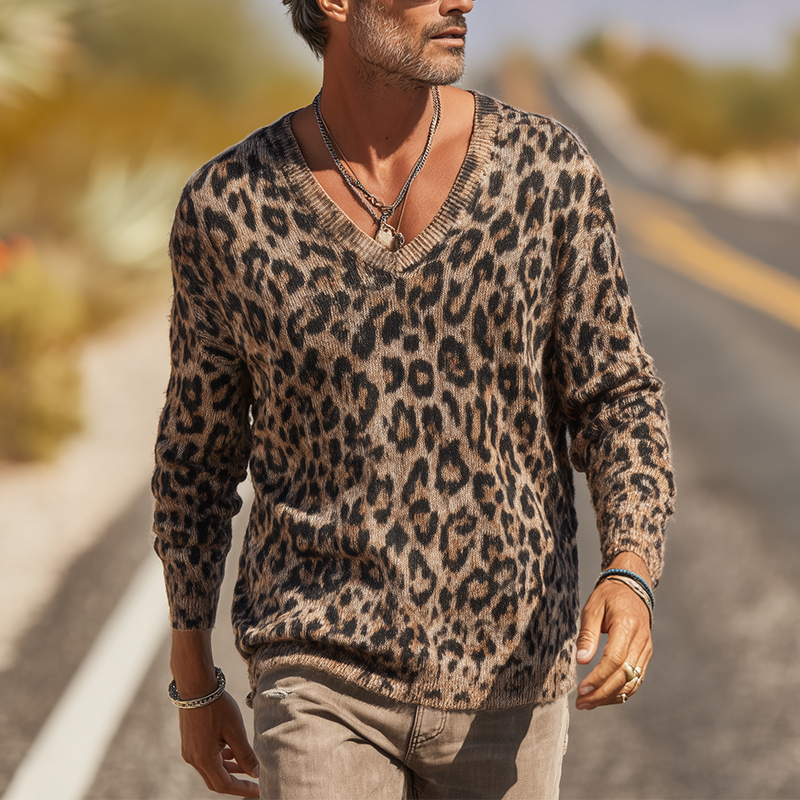 Men's Vintage Knitted Leopard Print V-Neck Sweater MTA1423H1P