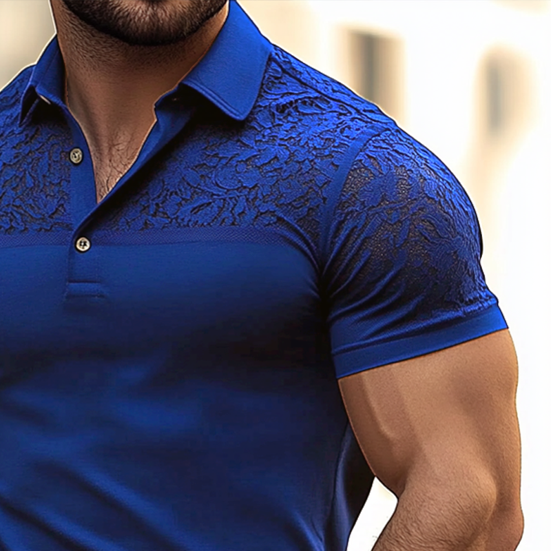 Men's Fashion Lace Stitching Lapel Short Sleeve Polo Shirt MTA1516E8Z
