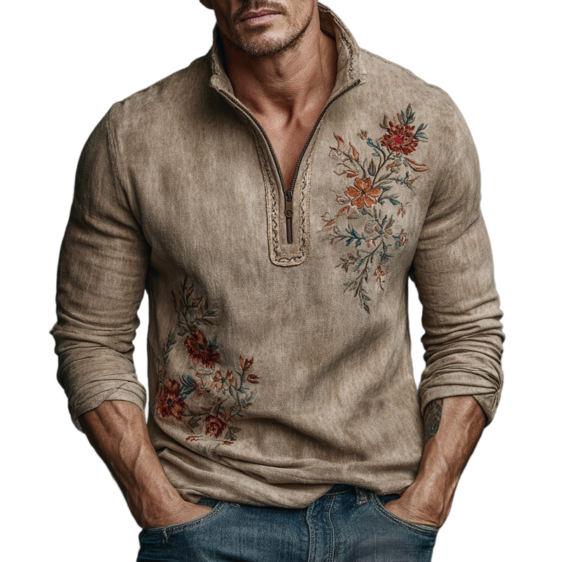 Men's Retro Embroidered Stand Collar Faux Suede Long-Sleeve Polo Shirt MTA1792K9X