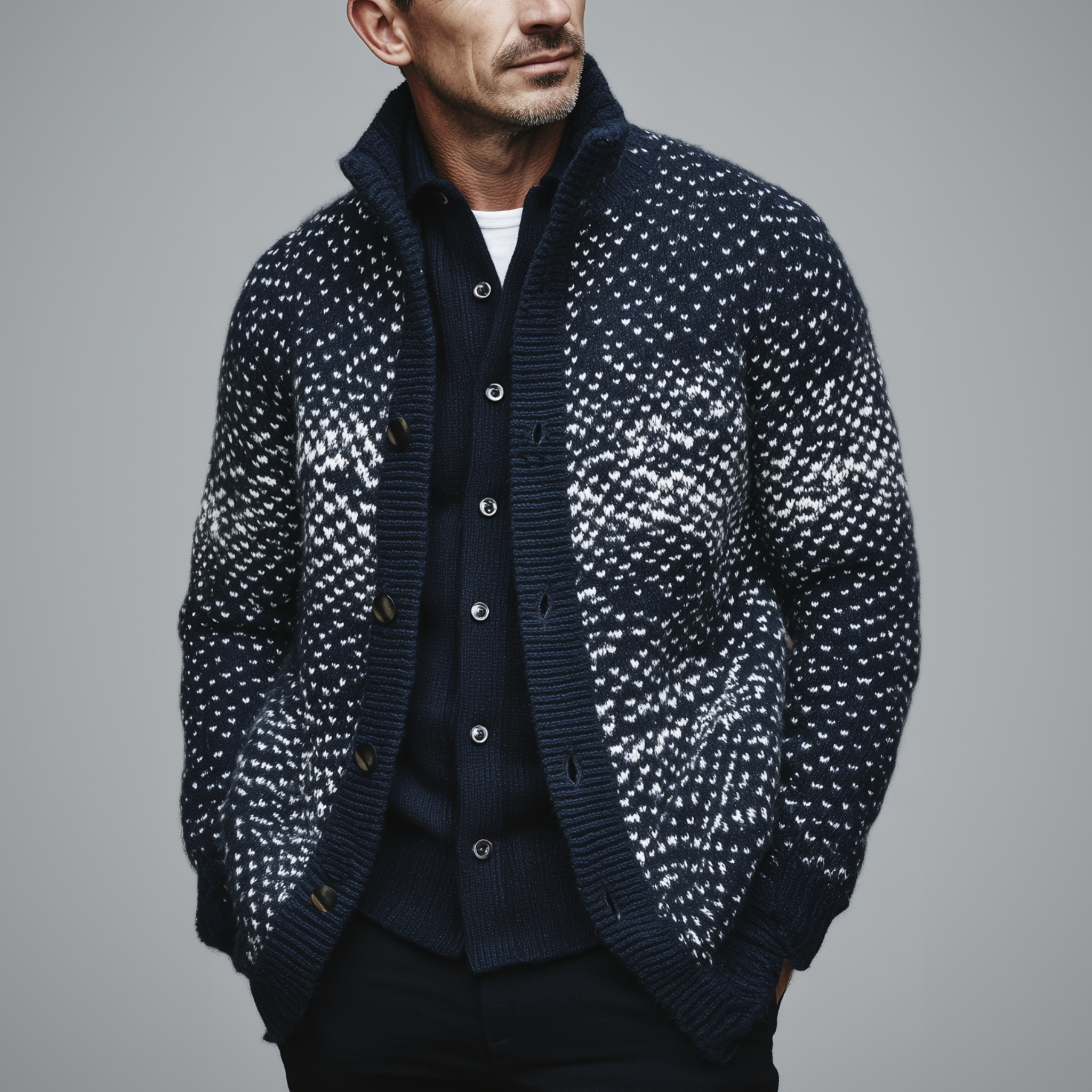 Men's Classic American Retro Single-breasted Stand-up Collar Jacquard Knit Cardigan MTA0450I9K