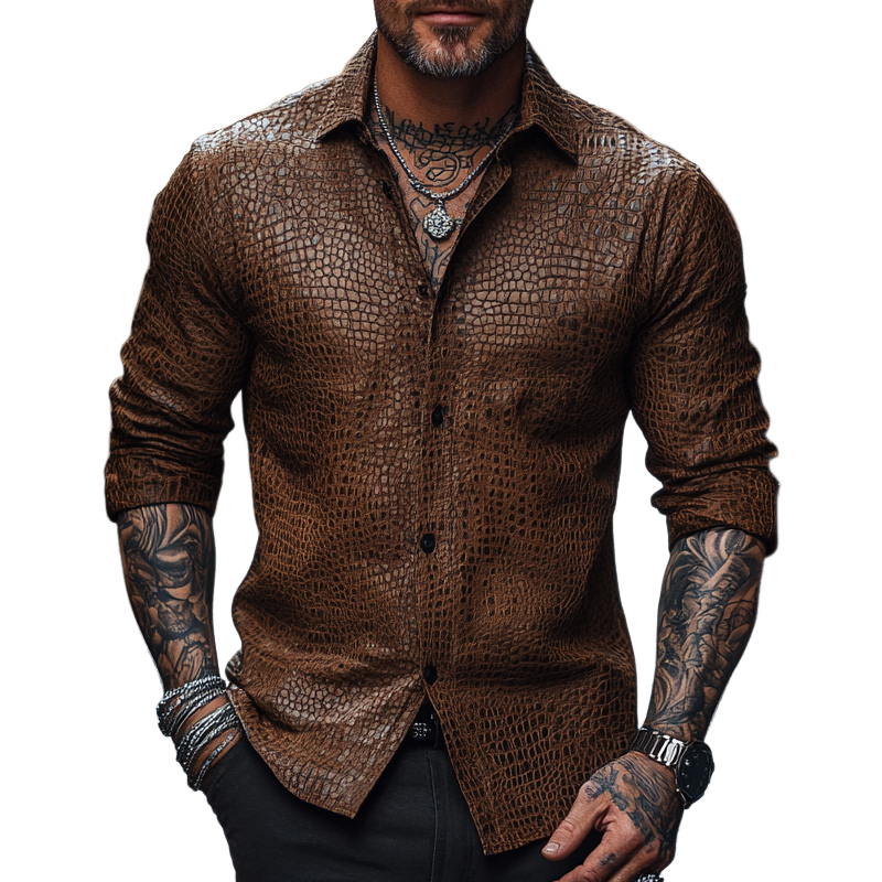 Men's Retro Slim Fit Crocodile Print Leather Long Sleeve Shirt 91283796F