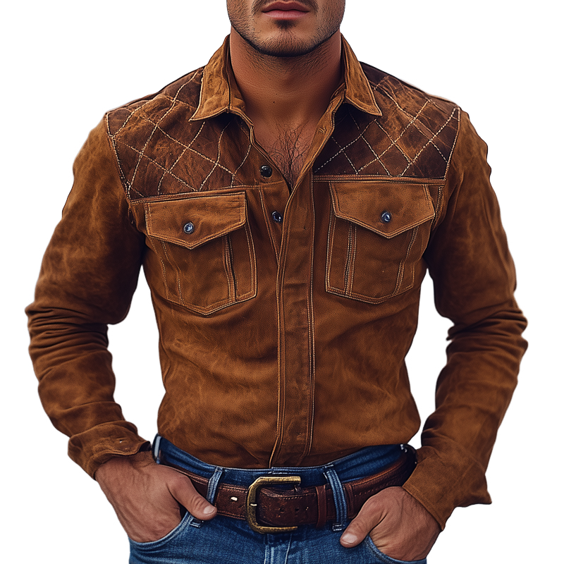 Men's Retro-Style Patchwork Quilted Lapel Faux Suede Long-Sleeve Shirt MTA0543K4X