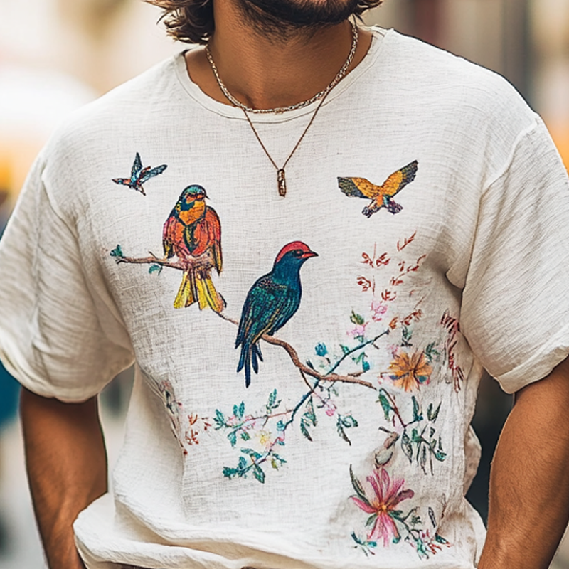 Men's Fashion Embroidered Round Neck Short Sleeve Cotton And Linen T-shirt MTA1448E7Z
