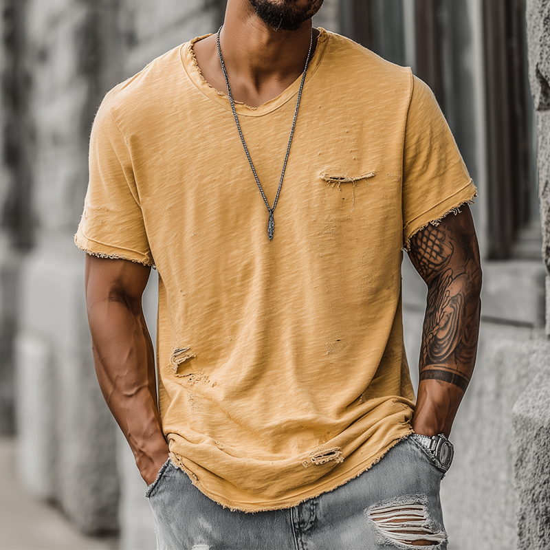 Men's Fashion Casual Bamboo Cotton Ripped Raw Edge Round Neck Short Sleeve T-shirt MTA1556G4K