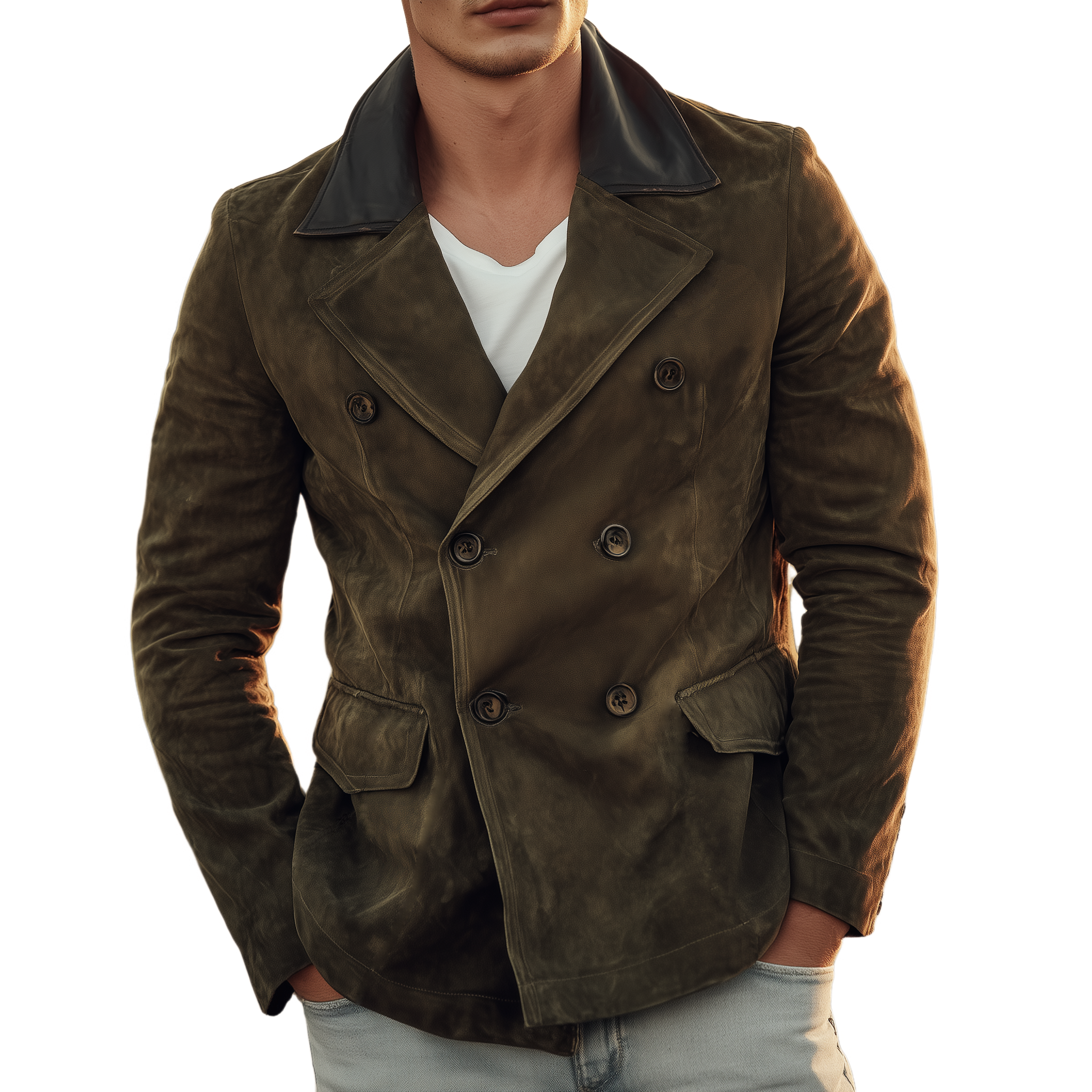 Men's Classic Retro Lapel PU Leather Double-breasted Suede Jacket MTA0269I4K
