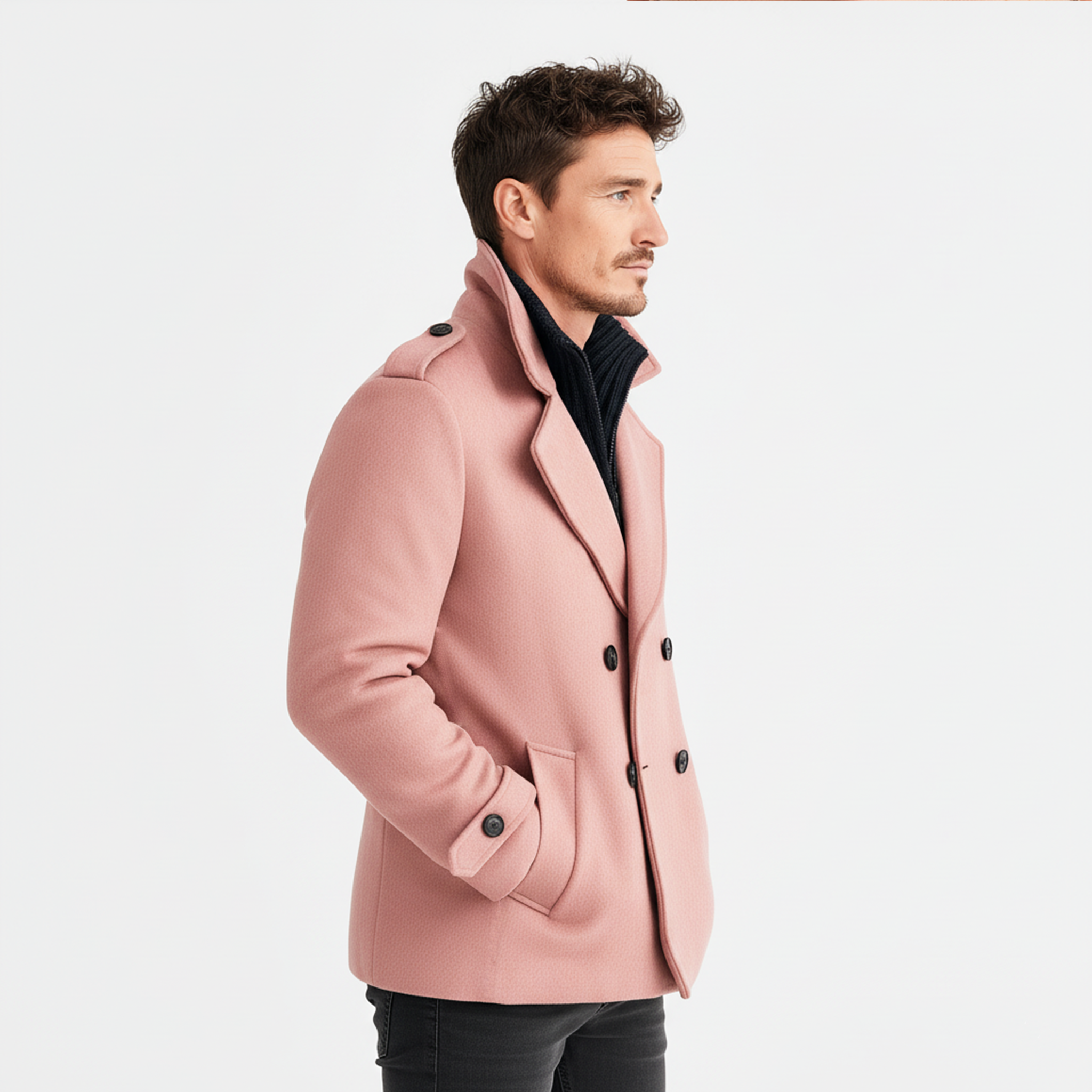 Men's Classic Retro Lapel Epaulettes And Cuffs Pink  Faux Wool Double-breasted Jacket MTA2691I7K
