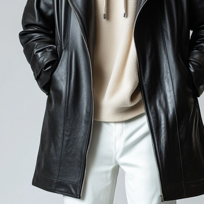 Men's Solid Color Lapel Zipper Mid-length PU Coat MTA0468L9X