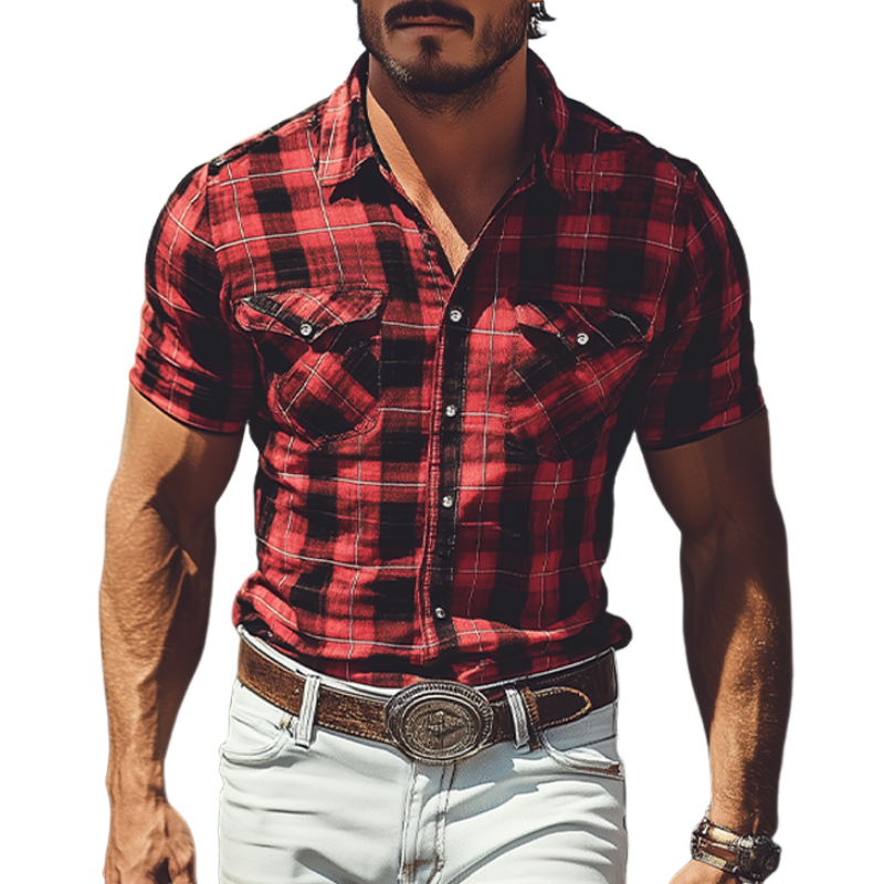 Men's Summer  Casual Retro Western  Cowboy Plaid Cotton and Linen Short-sleeved Shirt MTA2805D4K