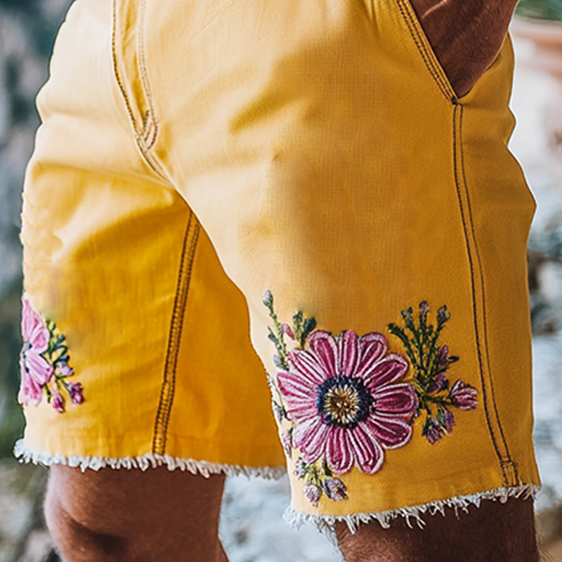 Men's Spring And Summer Fashion Casual Yellow Washed Denim Embroidery Length To Knee Shorts MTA1288F7K