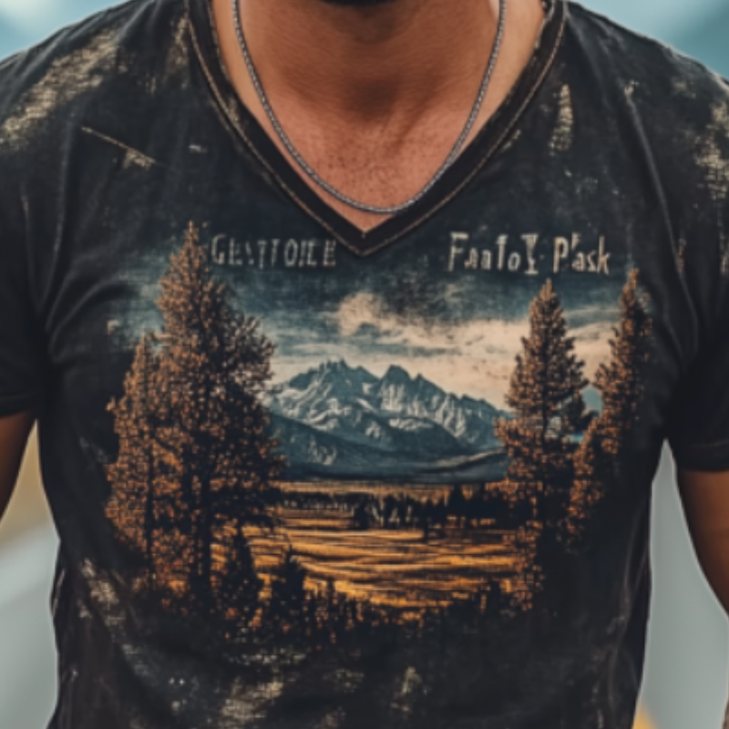 Men's Casual American Retro Yellowstone Park Series Printed Cotton T-Shirt 19046609K