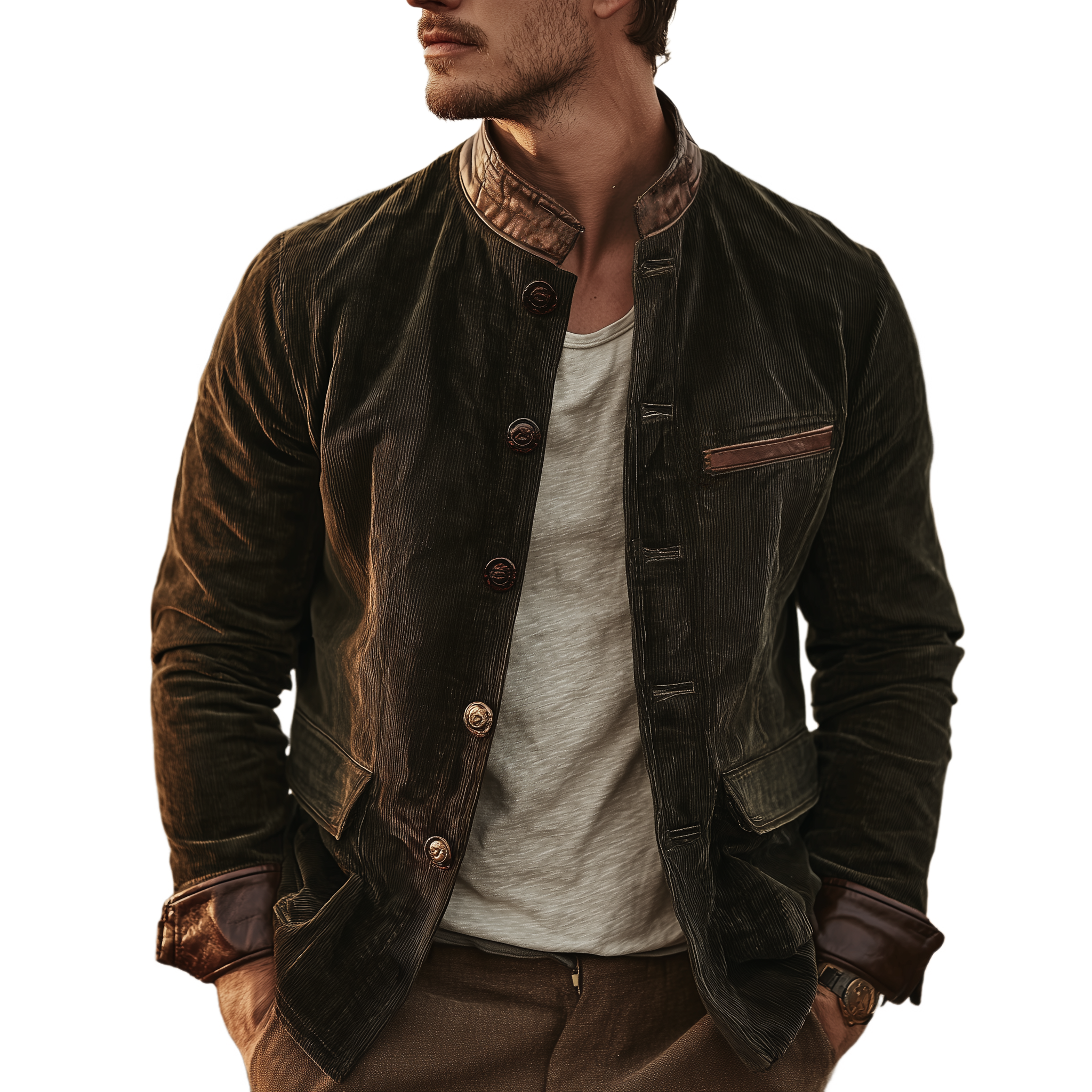 Men's Classic Retro Western Style PU Leather Stand Collar And Cuffs Slim Corduroy Jacket MTA1329I5K