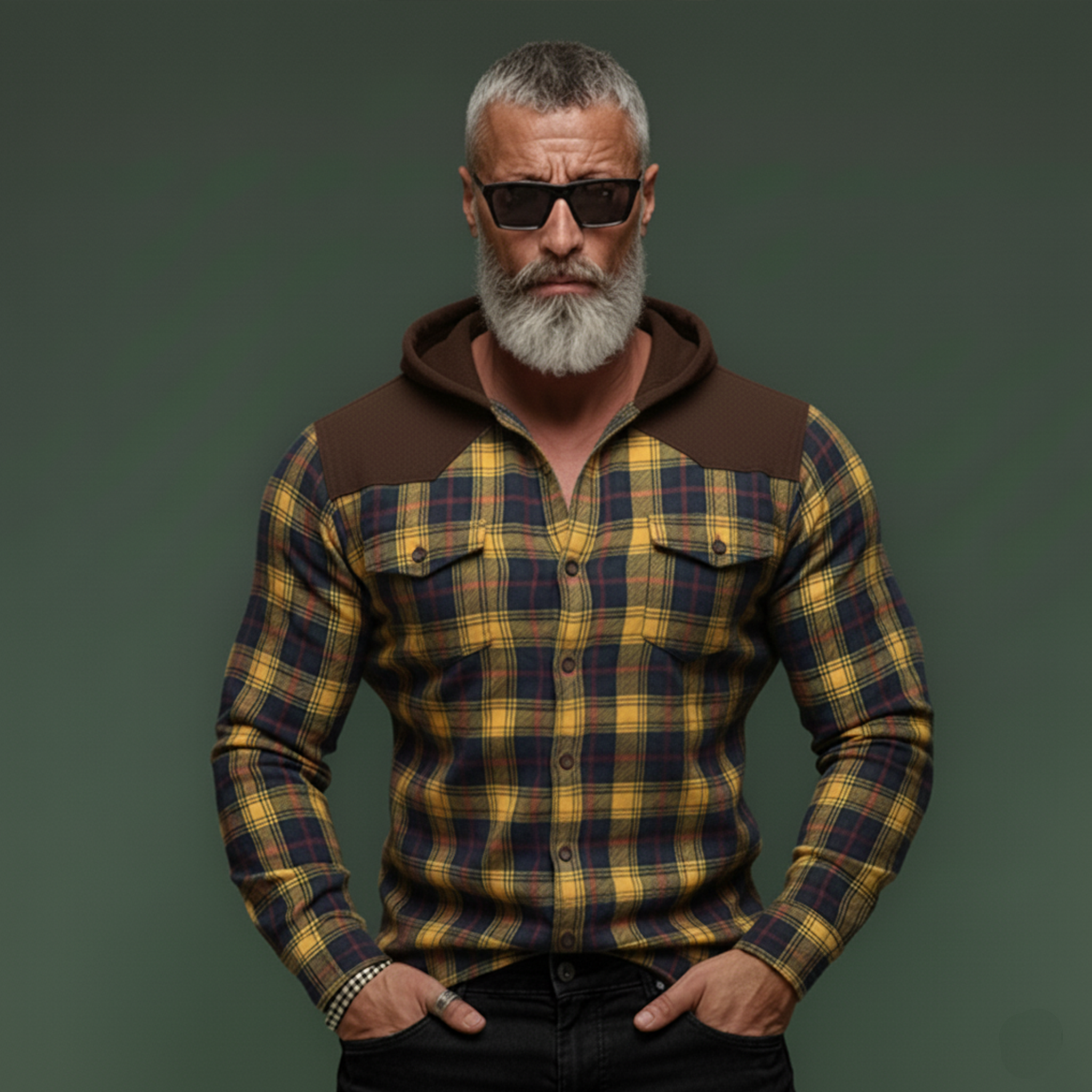 Men's Casual Rugged Style Patchwork Faux Suede Hooded Plaid Brushed Long-Sleeve Shirt MTA1313K7K