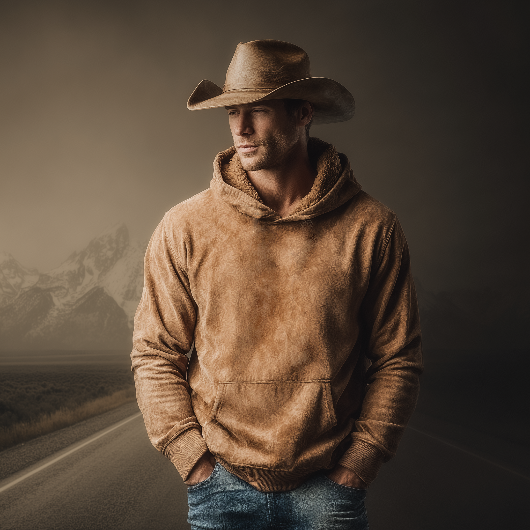 Men's Classic Retro Western Style Fleece Lined Faux Suede Hoodie MTA1768K2K