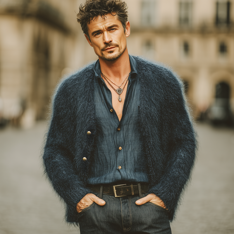Men's Vintage Faux Mink V-Neck Button-Down Knit Cardigan MTA1756J5U