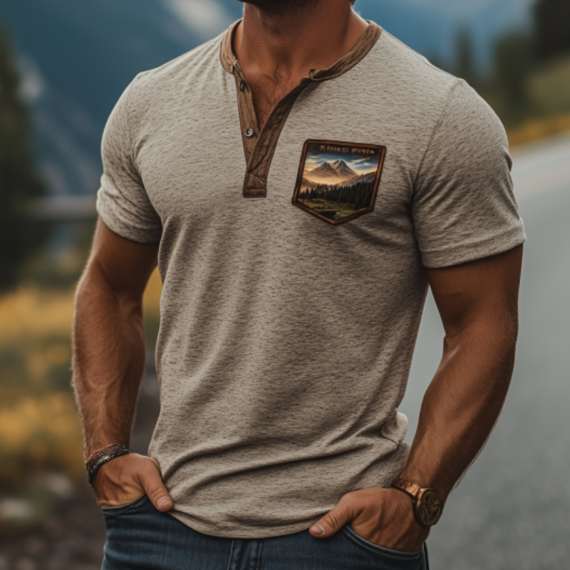 Klassisk amerikansk retro Yellowstone Park Series Henley Collar T-skjorte for menn 79800346K