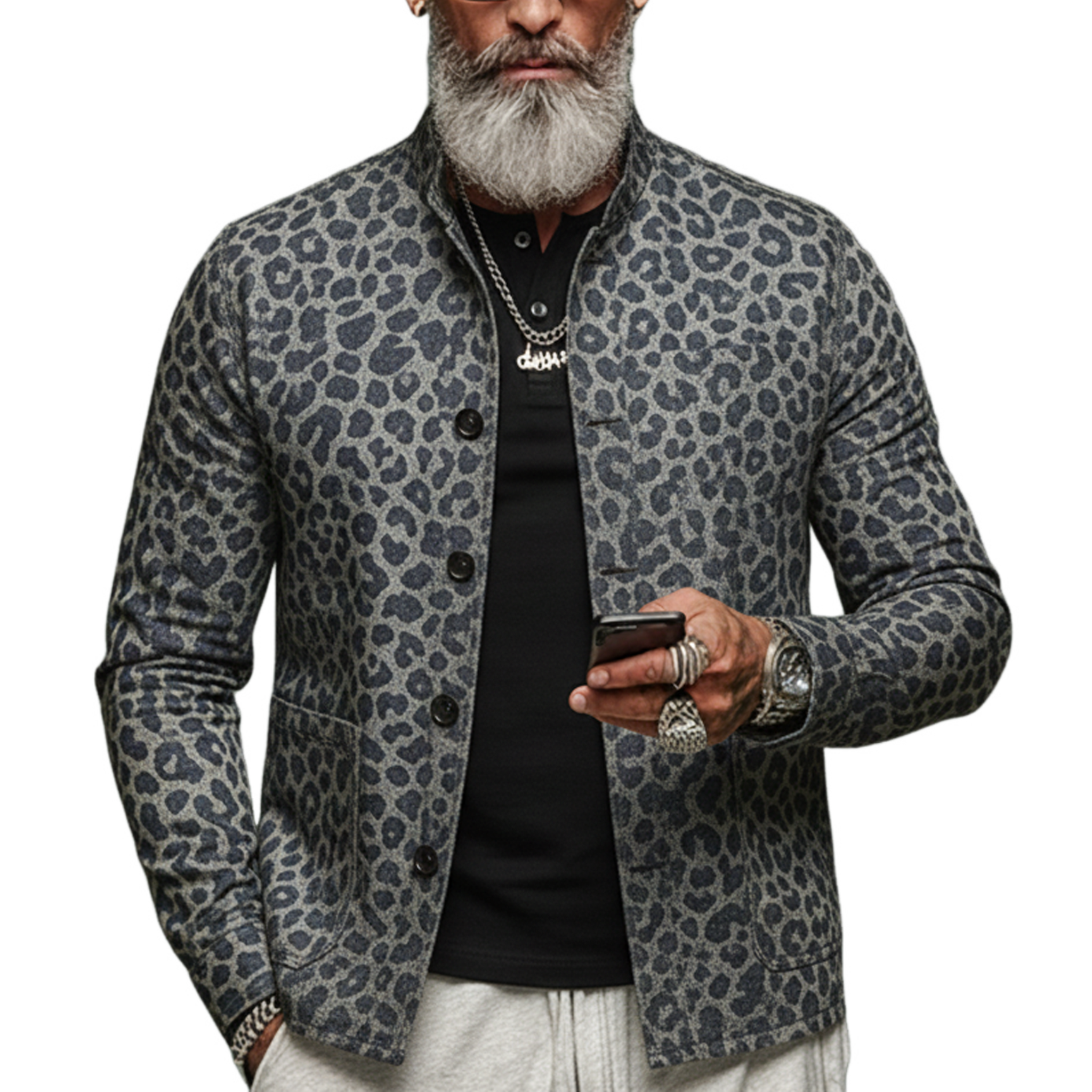 Men's Classic Vintage Stand-collar Leopard Print Jacquard Denim Jacket MTA1548L5K