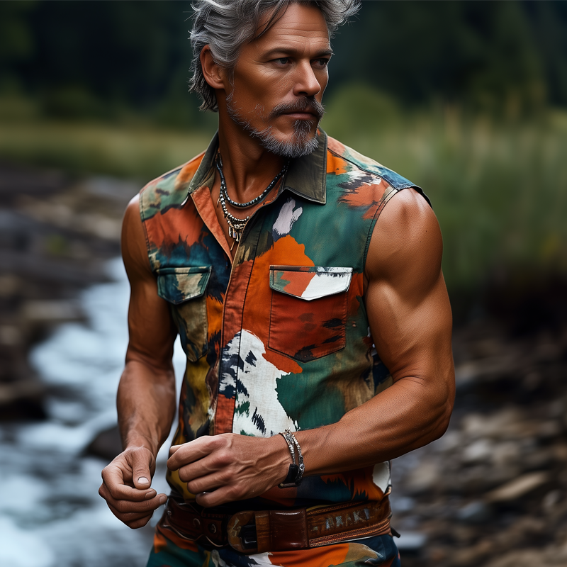 Men's Summer Classic Camouflage Button-Down Sleeveless Shirt MTA0655F5U