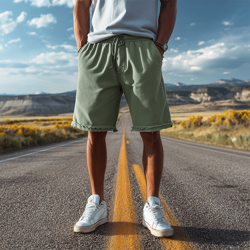 Men's Classic Casual Cotton Blend Washed Trousers With Raw Edges And Elastic Waist Shorts MTA1506G5K