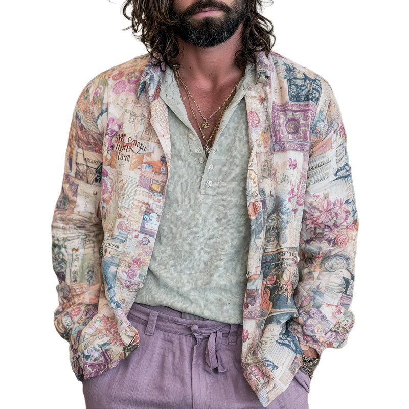 Men's Vintage Print Lapel Single Breasted Casual Jacket MTA1065G3Z