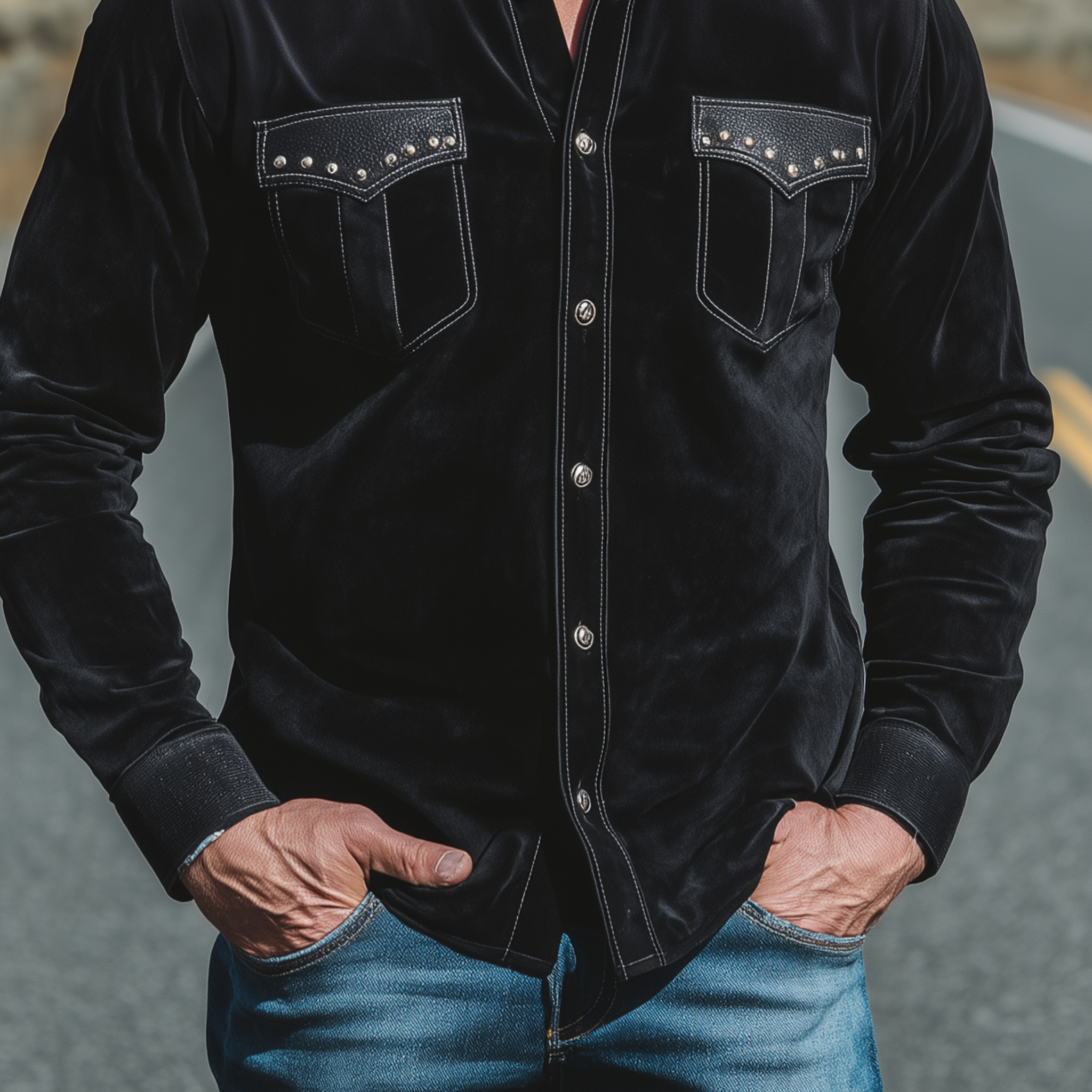 Men's Classic Casual Pocket Flap Stitching PU Leather And Decorative Metal Rivets Slim Fit Suede Long Sleeve Shirt MTA0692H5K