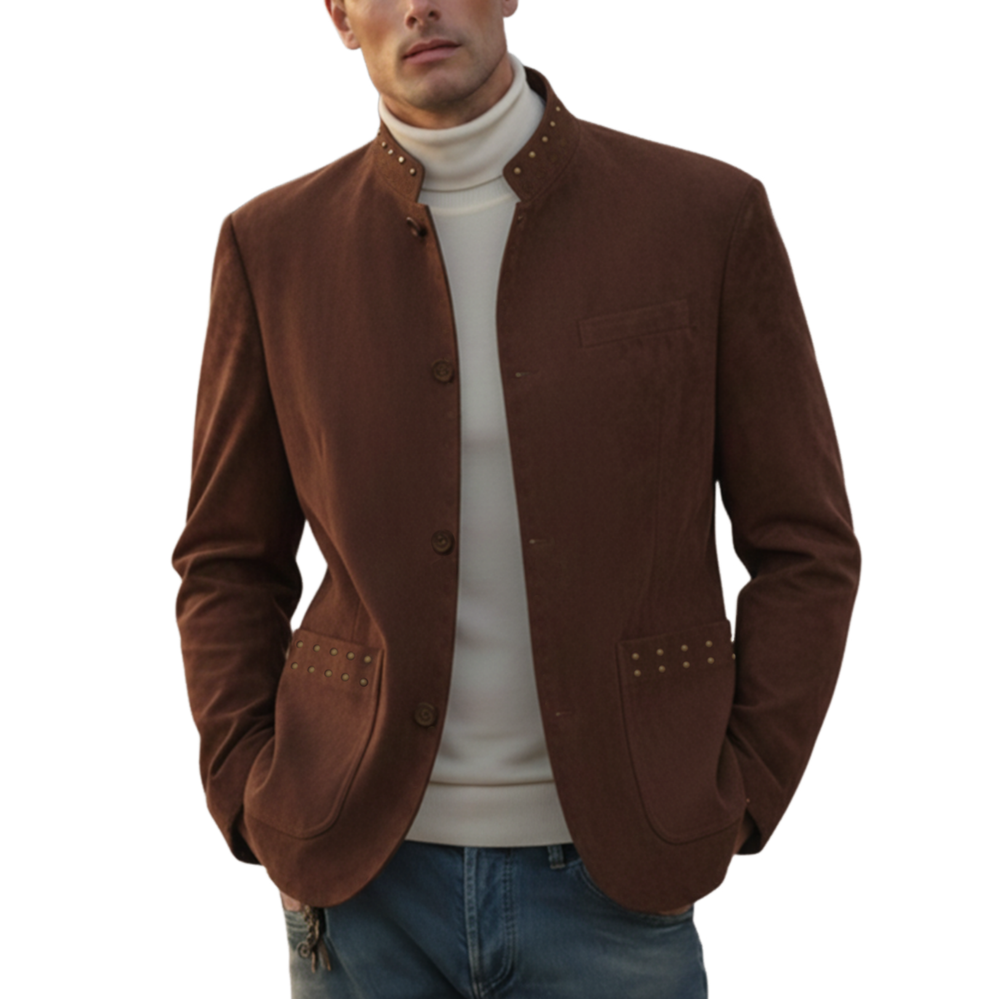 Men's Classic Retro Western Style Stand-up Collar Metal Studded Faux Suede Jacket MTA1045K4K
