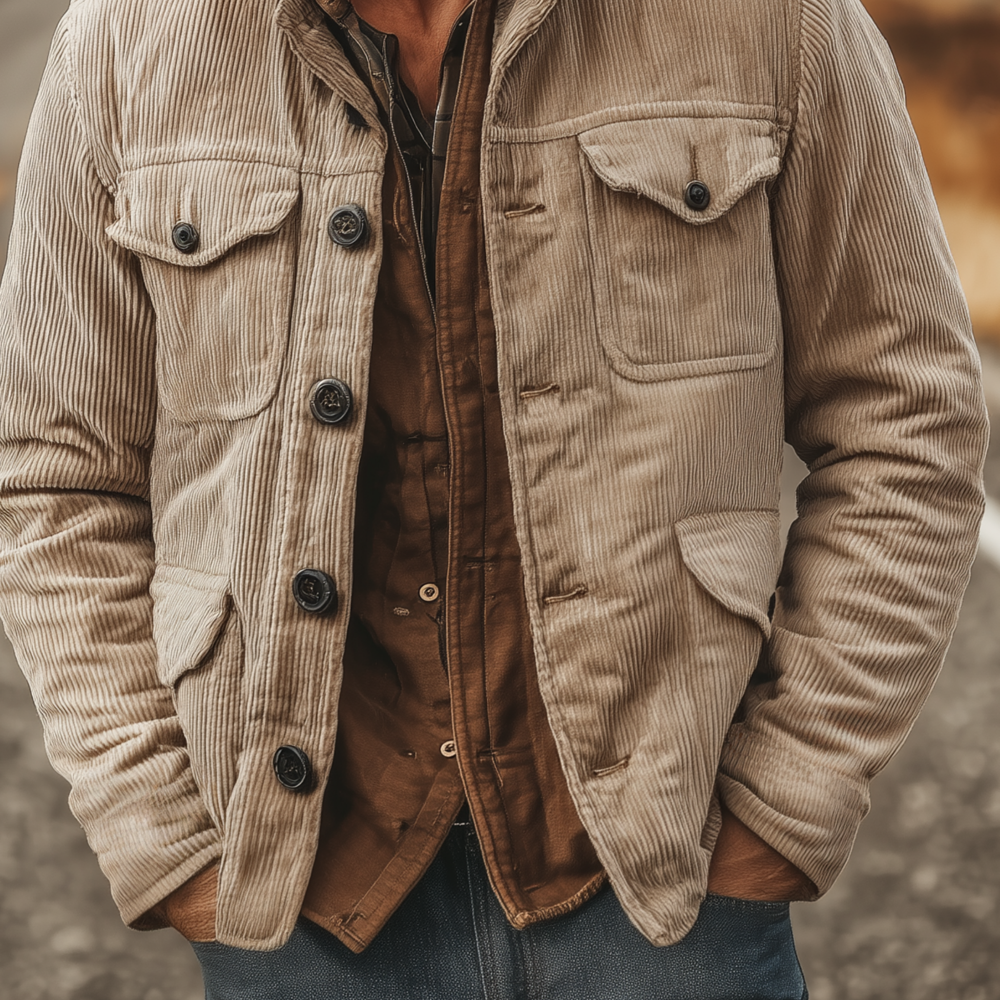 Men's Classic Retro Western Style Stand-up Collar Multi-pocket Corduroy Jacket MTA2506K2K