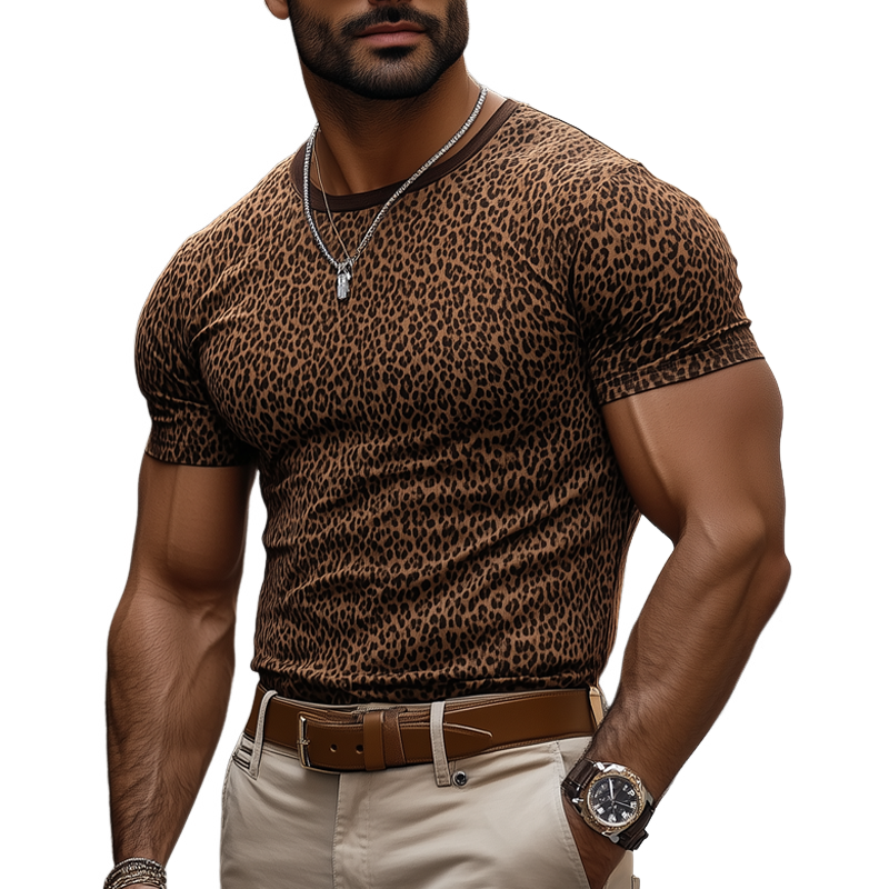 Men's Fashion Leopard Print Round Neck Short Sleeve Casual T-shirt MTA2632E4Z