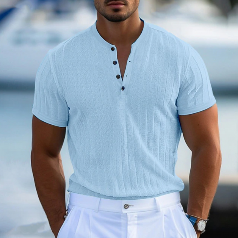 Men's Casual Breathable Solid Color Cotton Blend Henley Collar Slim Fit Short Sleeve T-Shirt MTA3052F3M