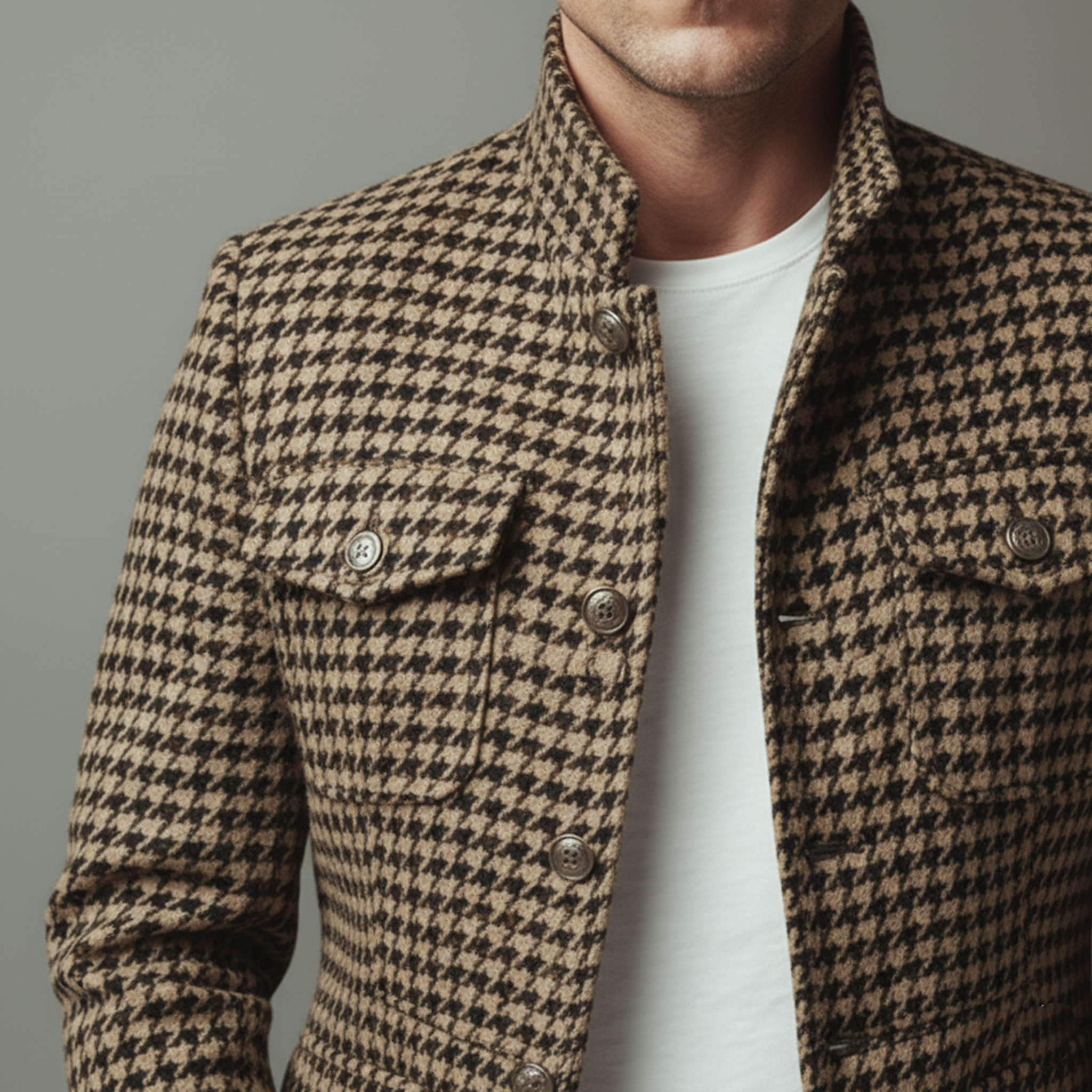 Men's Classic Vintage Stand-collar Multi-pocket Houndstooth Wool Jacket MTA1698L9K