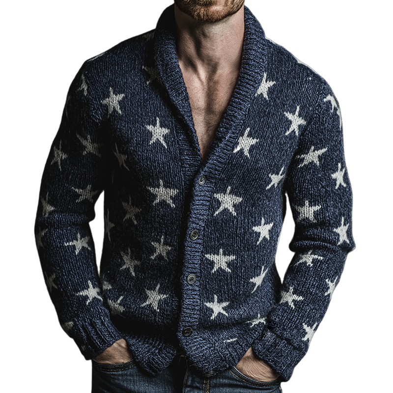 Men's Retro Casual Star Universe Knitted Lapel Sweater Button Cardigan MTA1328J4TO