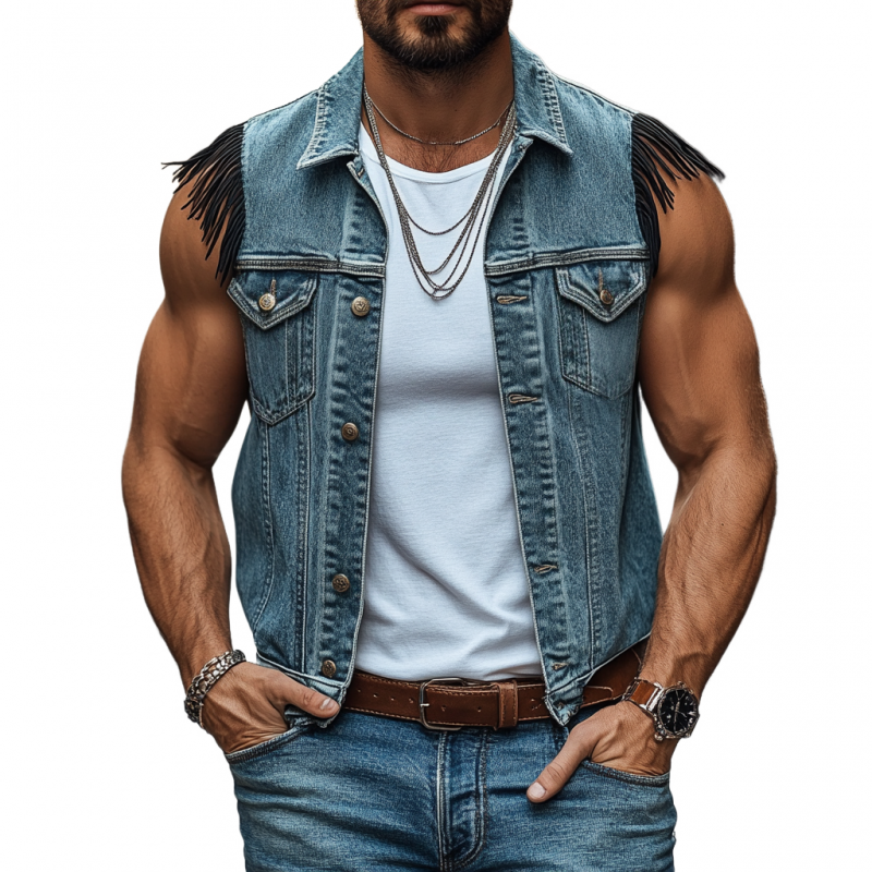 Men's Vintage Washed Distressed Lapel Single-breasted Shoulder Patchwork Tassel Denim Vest MTA2147E1M