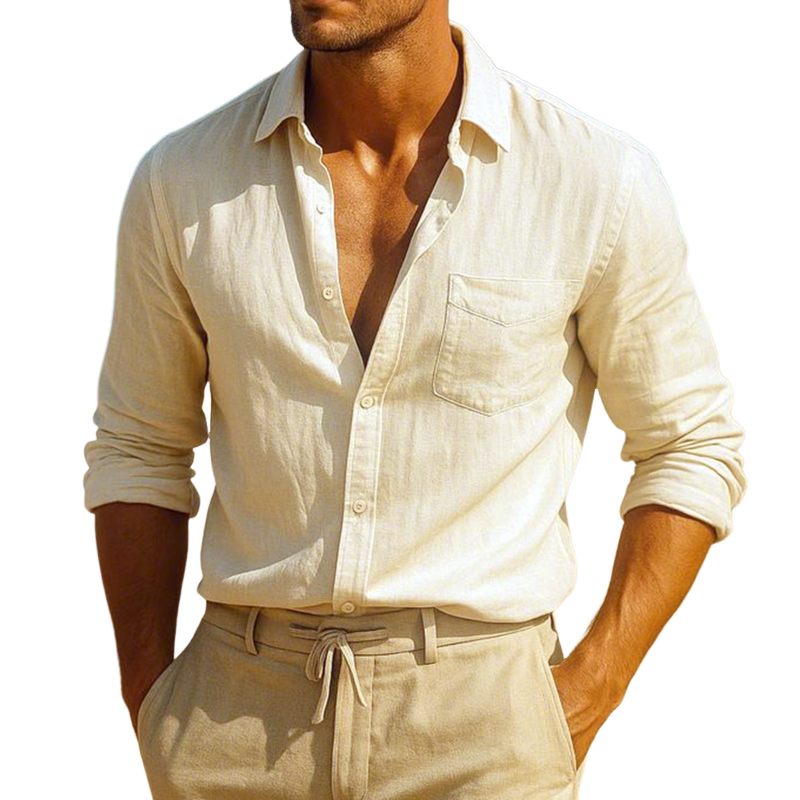 Men's Casual Breathable Cotton Lapel Single Breasted Patch Pocket Slim Fit Long Sleeve Shirt MTA0380G3M