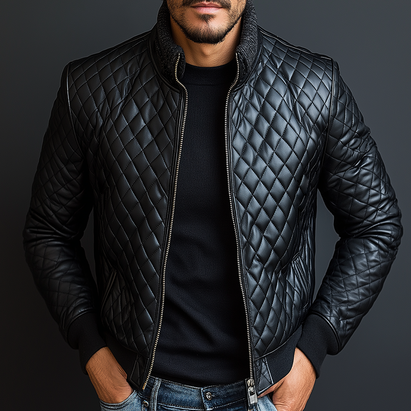 Men's Vintage Casual Faux Leather Quilted Knit Zipper Stand Collar Jacket MTA1140J3TO