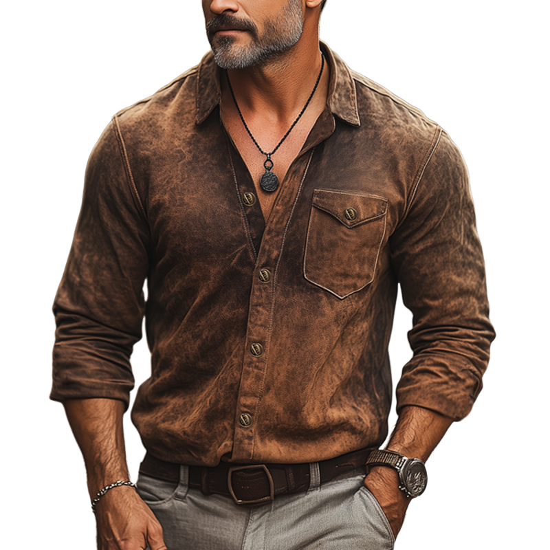 Men's Spring And Autumn Retro Distressed PU Leather Long Sleeve Shirt MTA1303H0U