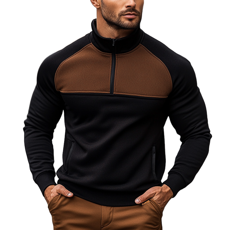 Men's Contrast Color Stand Collar Half Zip Blend Long Sleeve Sweatshirt MTA1309J2X