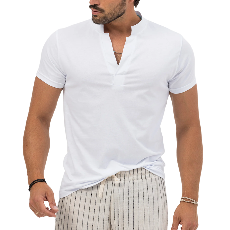 Men's Solid Collar Cotton Stand Collar Short Sleeve T-shirt 20516325Z