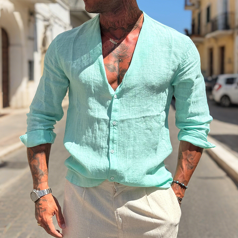 Men's Retro Casual Solid Color Linen Collarless Long Sleeve Shirt MTA2144G7TO
