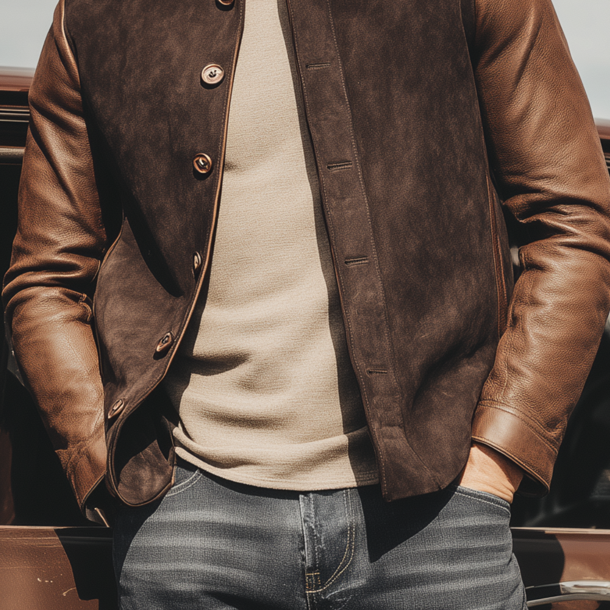 Men's Classic American Retro Western Style Sleeves Stitching PU Leather Stand Collar Suede Jacket MTA2057H1K
