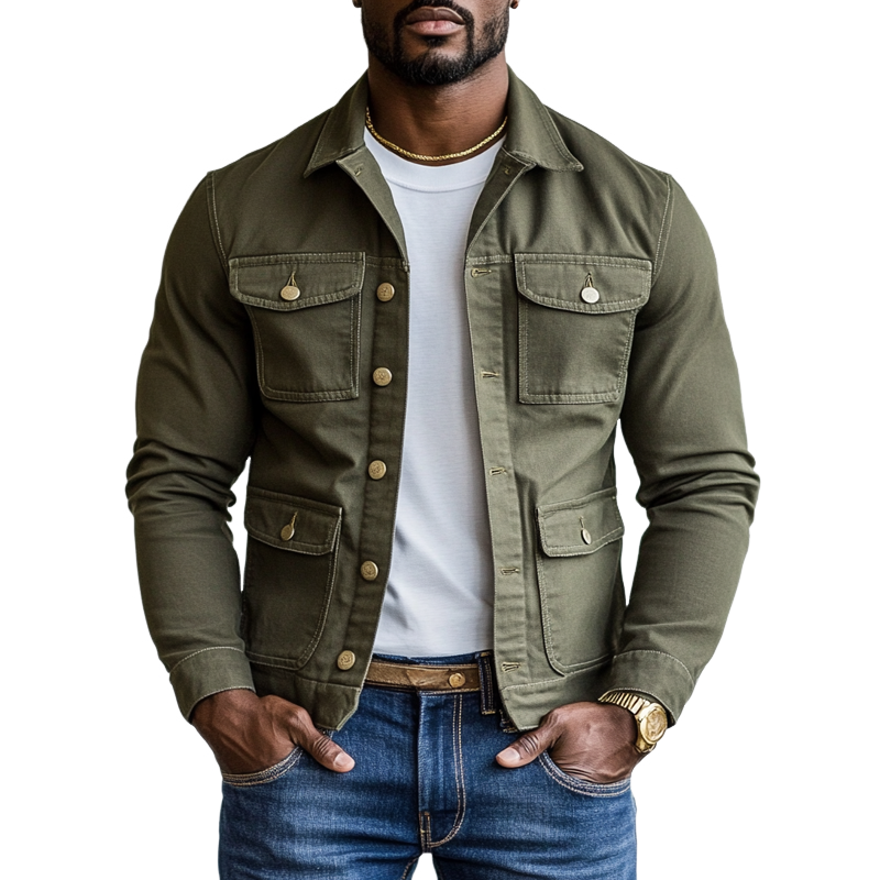 Men's Solid Color Lapel Multi-pocket Single Breasted Cargo Jacket 77027058Z