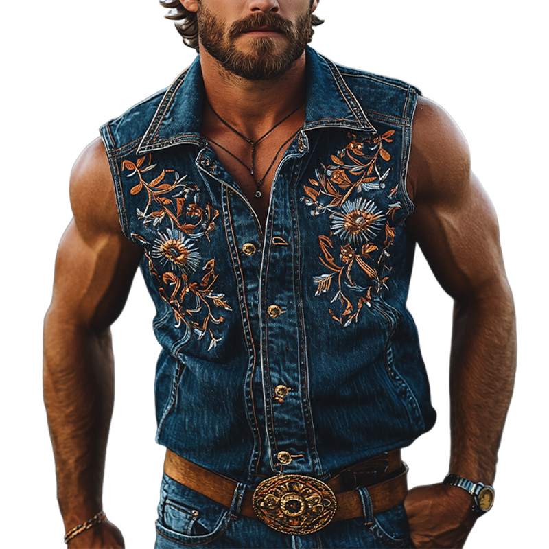 Men's Summer Fashion Retro Western Cowboy Style Denim Embroidery Sleeveless Shirt MTA2846D4K