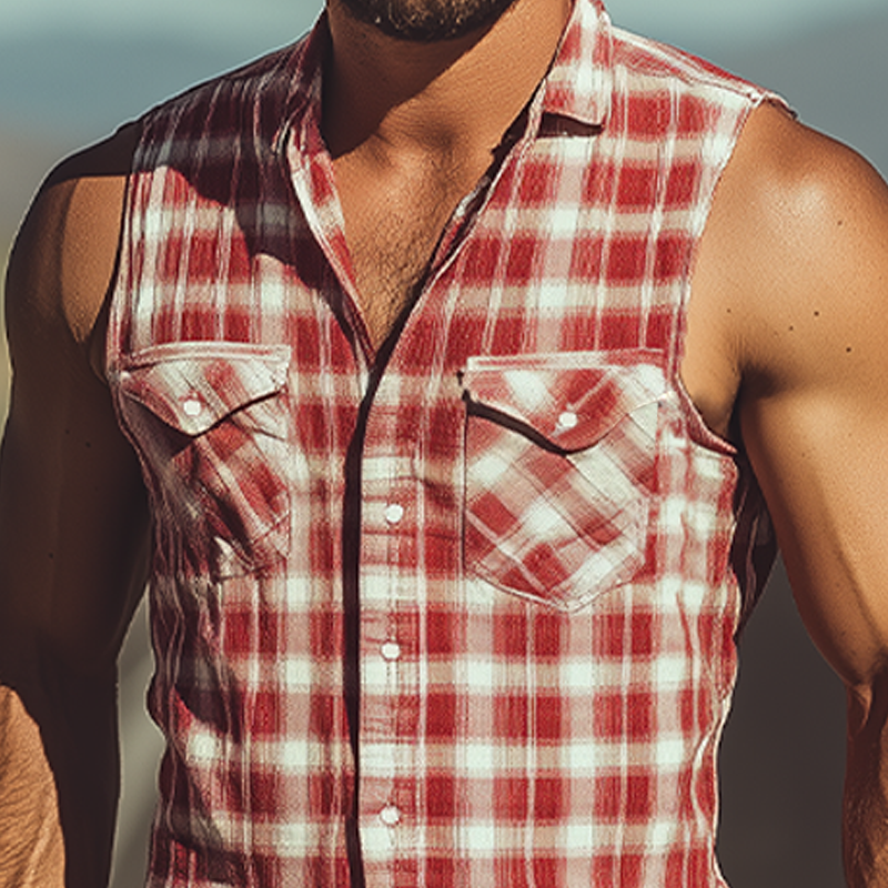 Men's Summer Casual Retro Western Cowboy Plaid Cotton and Linen Sleeveless Shirt MTA2865D7K