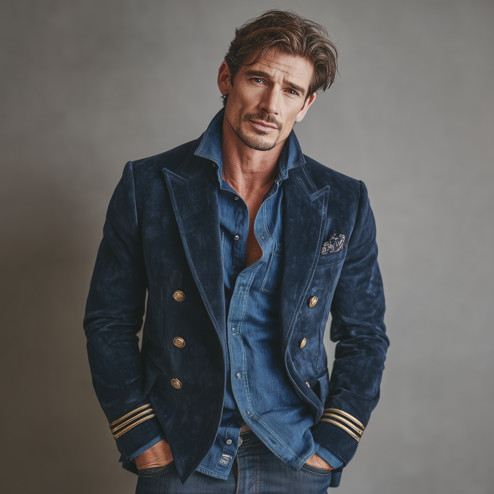 Men's Classic Vintage Navy Suede Double-breasted Slim-fit Blazer MTA1550I1K