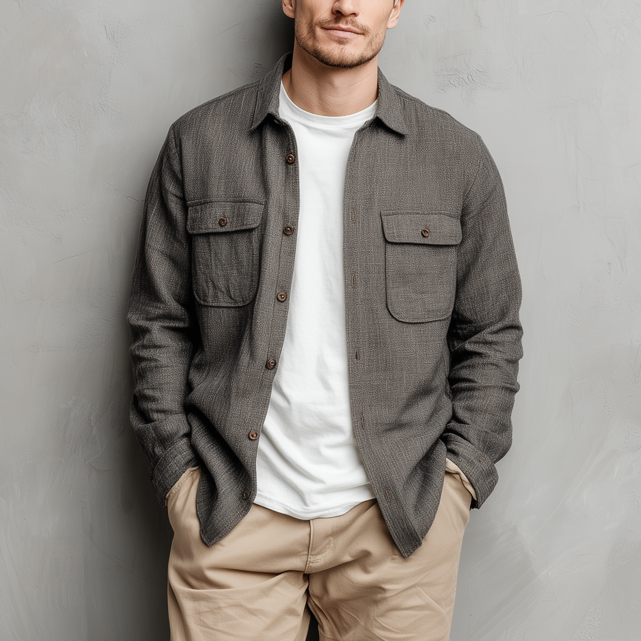 Men's Classic Casual Cotton And Linen Blended Color Textured Pocket Long Sleeve Shirt MTA2894G7K
