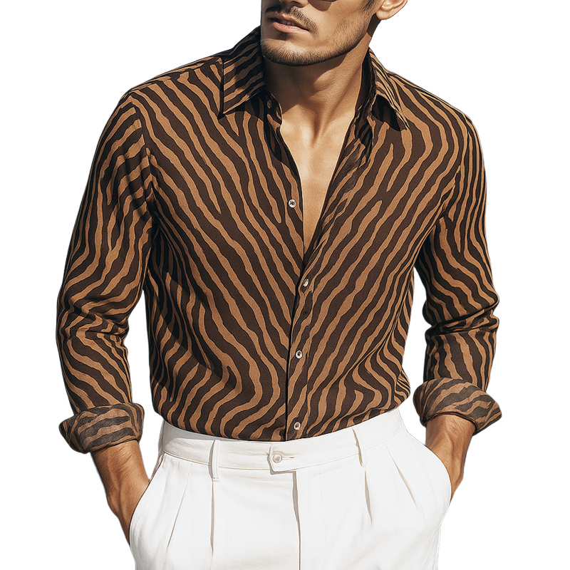Men's Zebra Print Chiffon Lapel Long Sleeve Shirt MTA2116G6Z