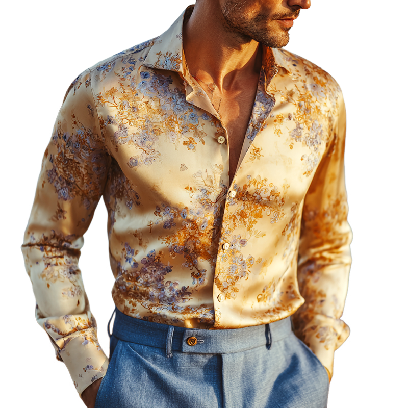 Men's Floral Print Satin Lapel Long Sleeve Shirt MTA1676G8Z
