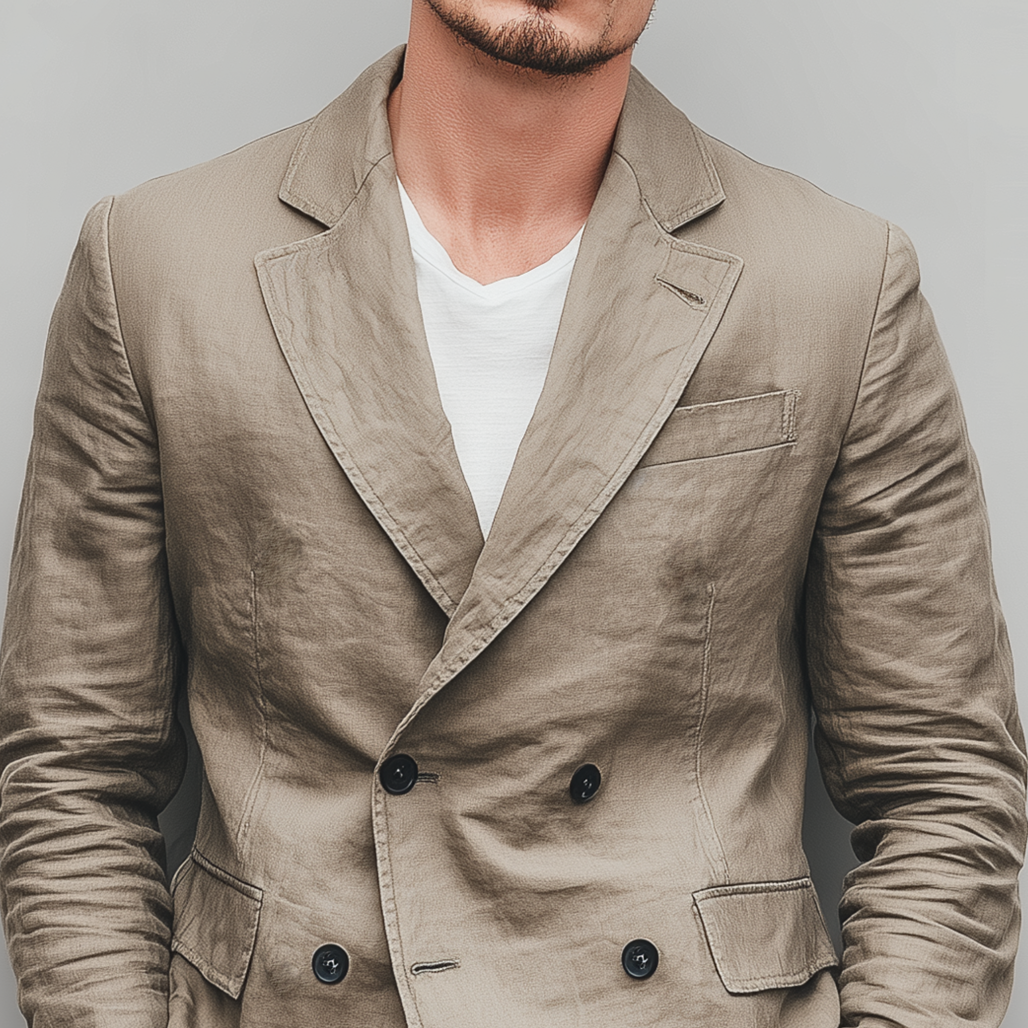 Men's Classic Casual Cotton And Linen Blend Solid Color Double Breasted Blazer MTA2533G2K