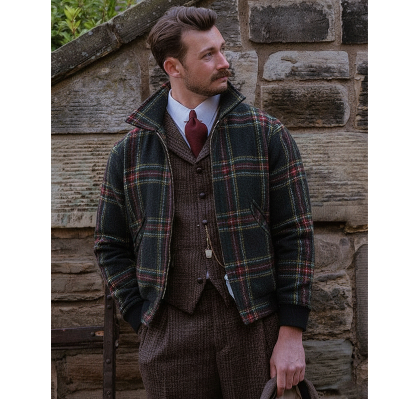 Men's Autumn And Winter Classic Plaid Zippered Short Jacket MTA3060I0U