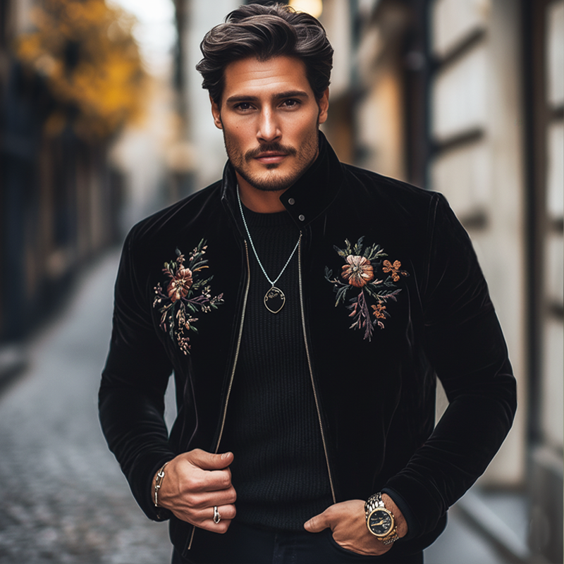 Men's Vintage Floral Embroidered Stand-collar Velvet Zip-up Jacket MTA0852L0U